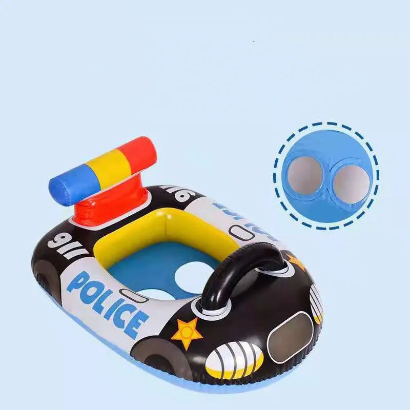 Black police car shaped children's inflatable swimming ring, PVC, 73 x 57.5 cm outer diameter, 30 x 33 cm inner diameter