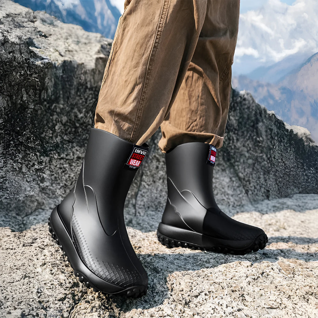 Men's mid-height PVC rain boots in beige colour with non-slip plastic soles