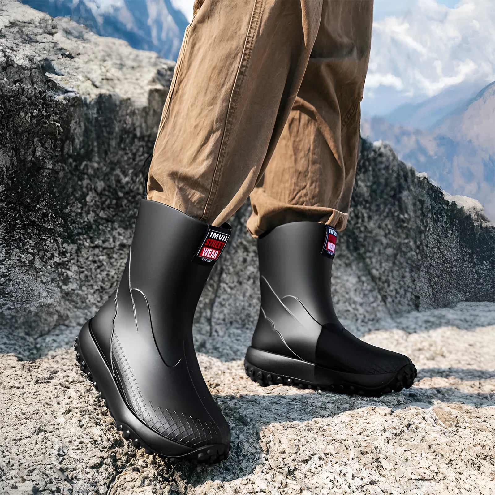 Men's mid-height PVC rain boots in beige colour with non-slip plastic soles