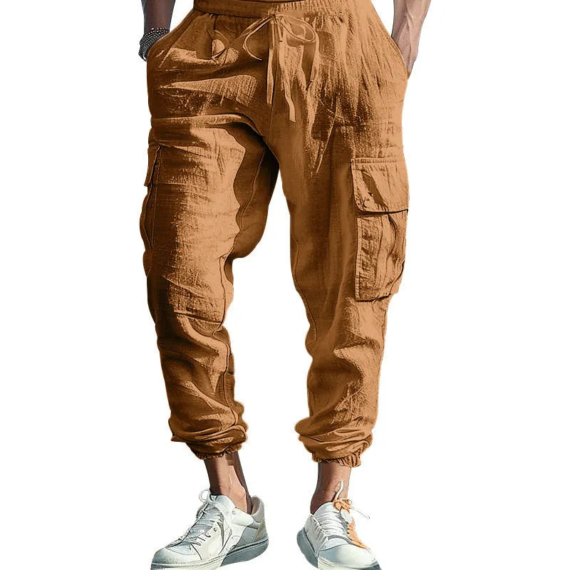 Men's linen casual trousers with ankle ties and multiple pockets in solid colour