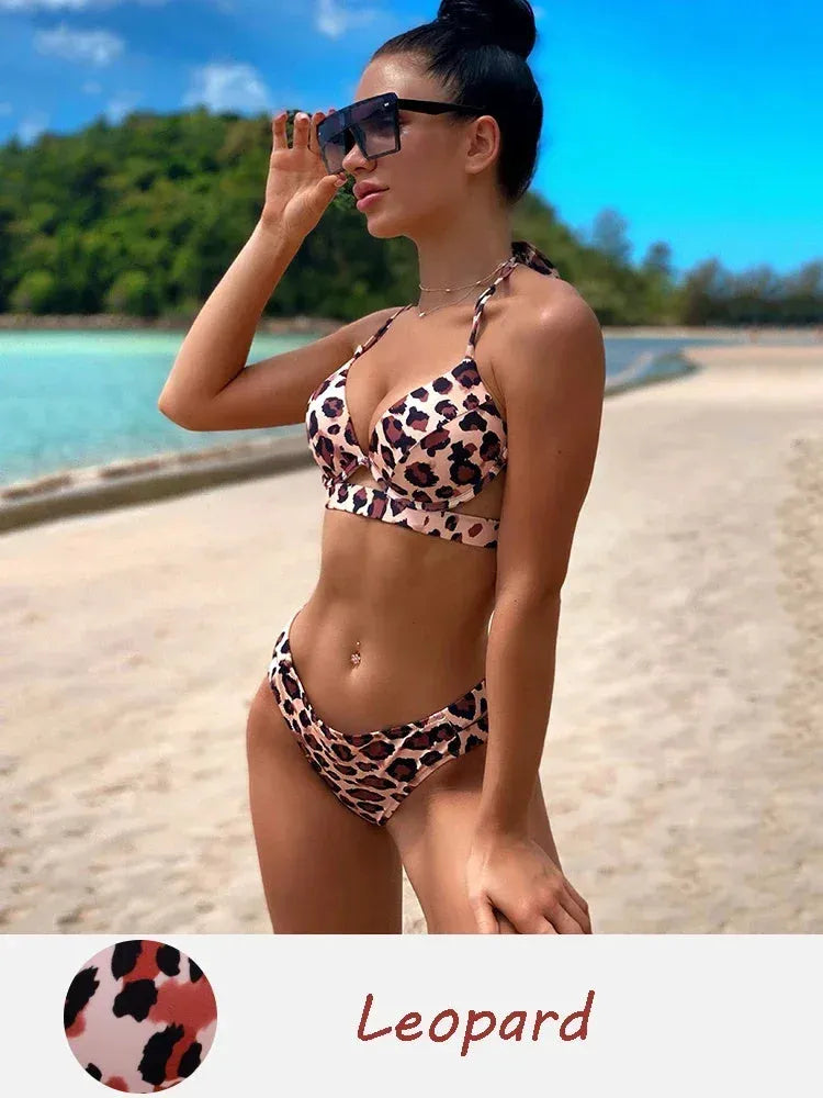 Women's backless skinny triangle bikini set in polyester fabric showing colour options
