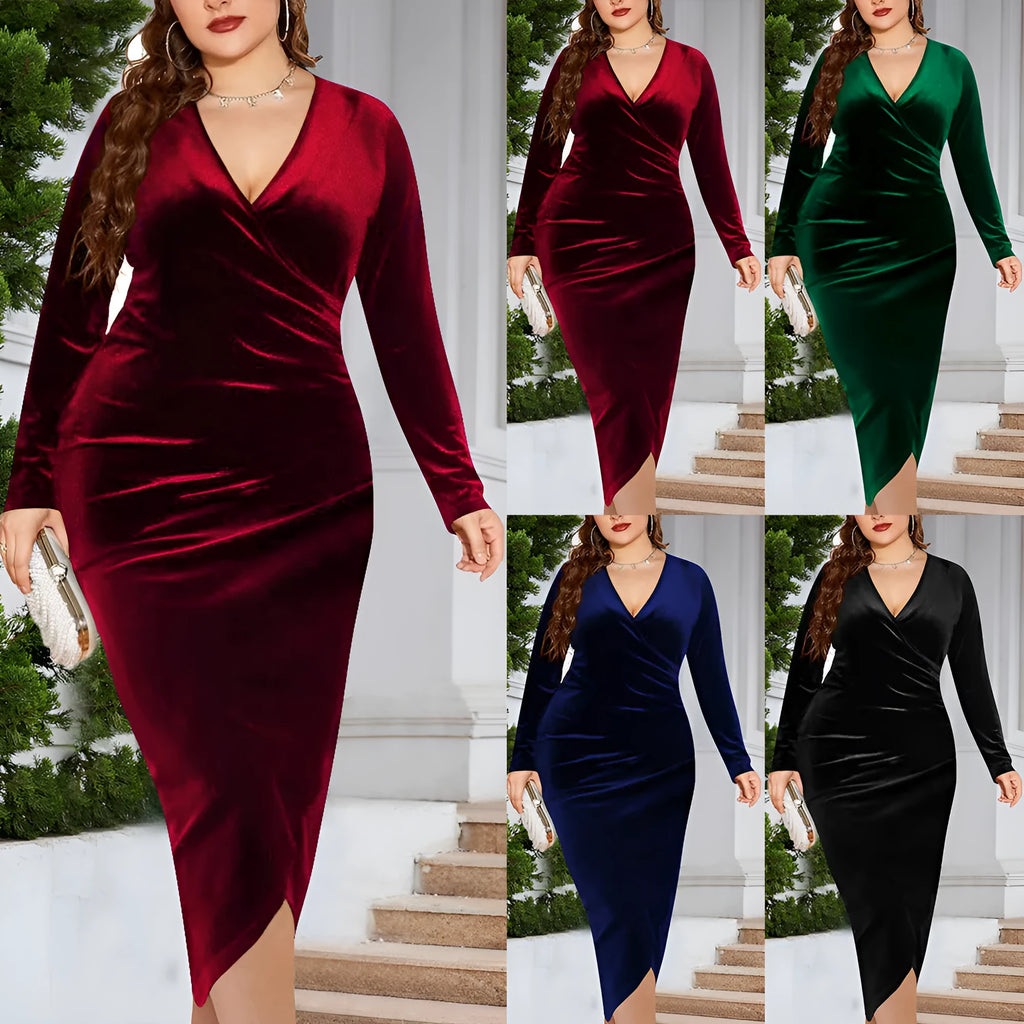 Women's V-neck dress with regular long sleeves in polyester fabric available in multiple colours and sizes