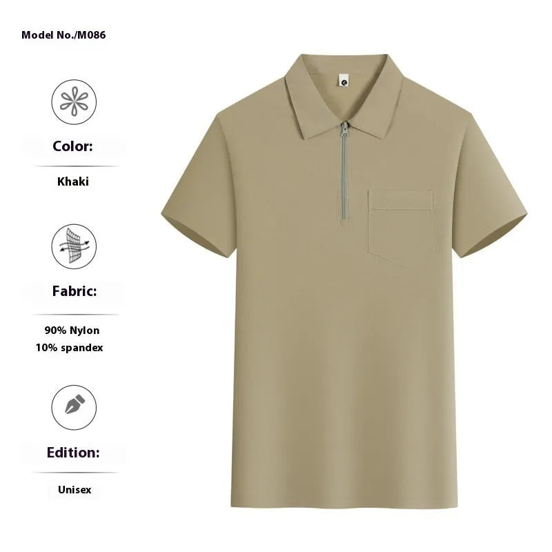Short sleeve nylon promotional shirt with zippered pockets on the lapels, shown in Silver Fox Grey.