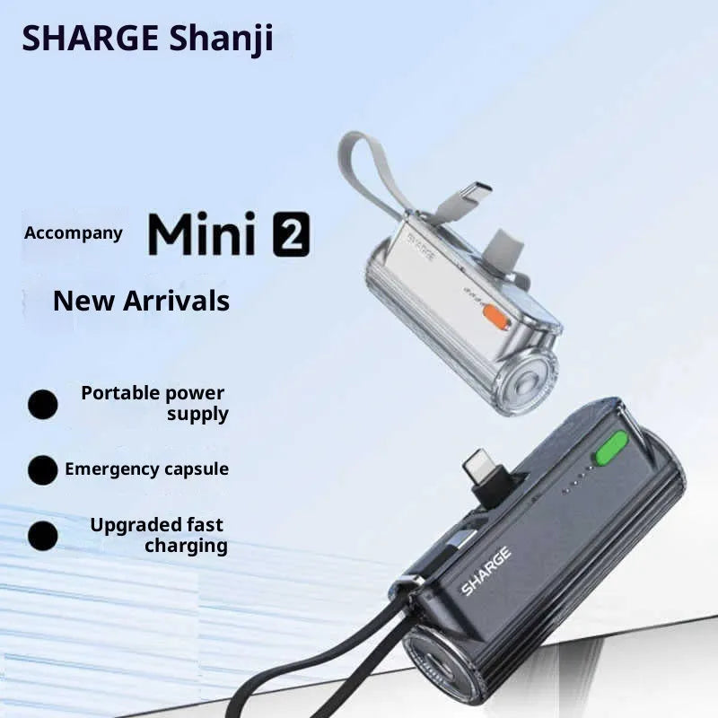 Portable mini 5000mAh alloy power bank with cable, 78x25x33mm, shown in Aurora Powder, Space Silver, and Very Black Night