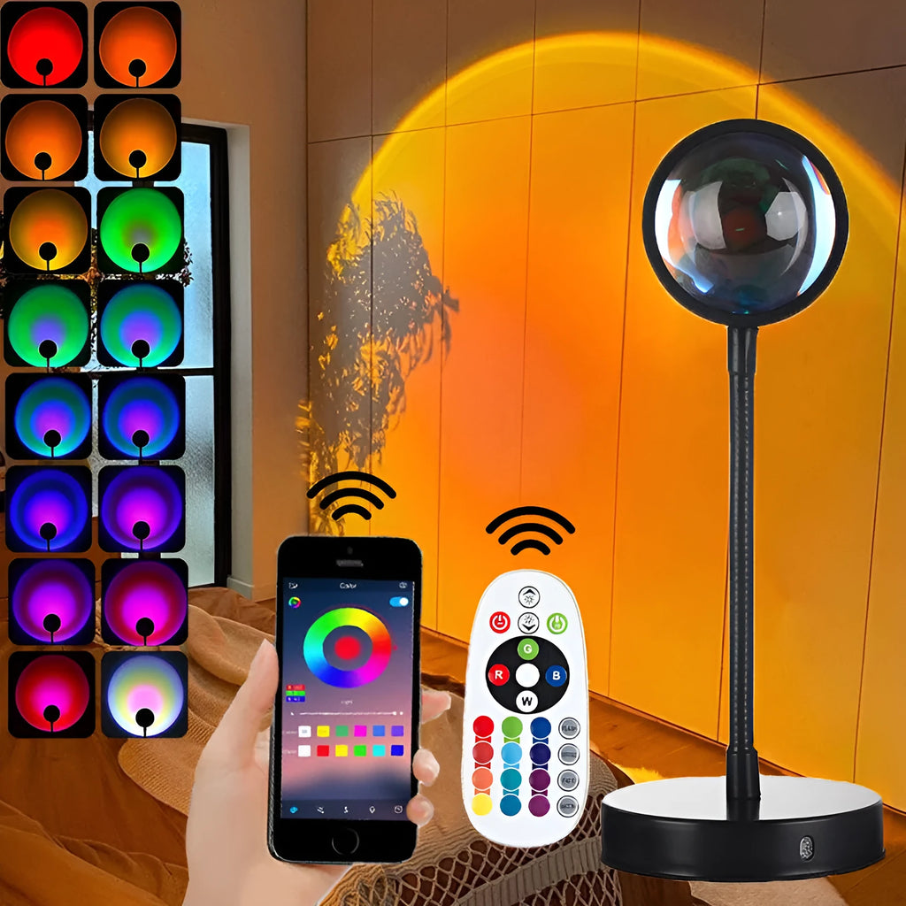 USB desk lamp with rainbow projection, RGB 16-colour LED output, metal lamp holder, and remote control.