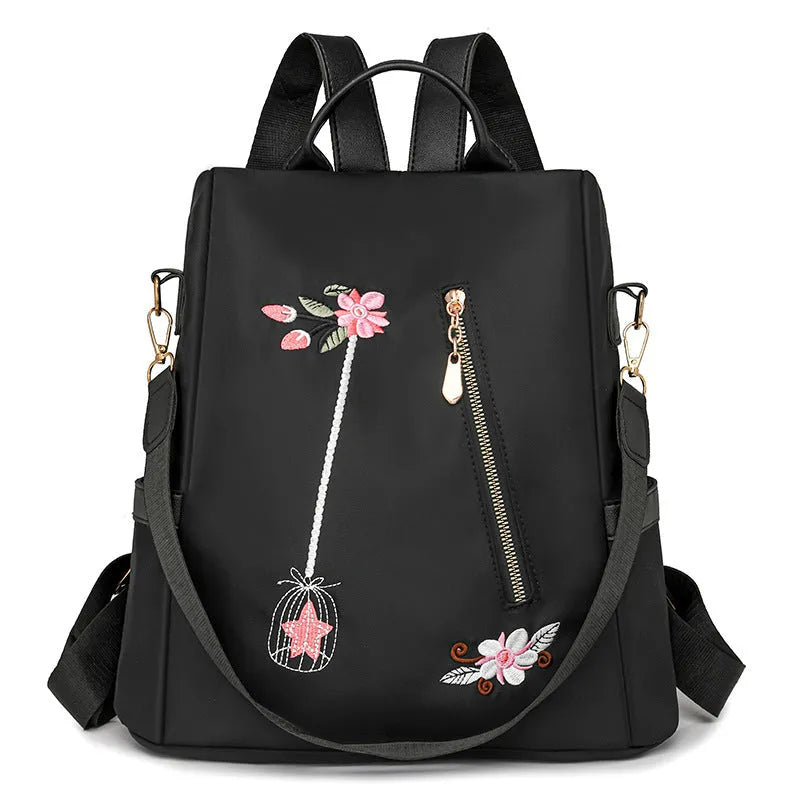 Ethnic style 3D embroidered backpack for women in beige with waterproof Oxford cloth outer and zipper pockets
