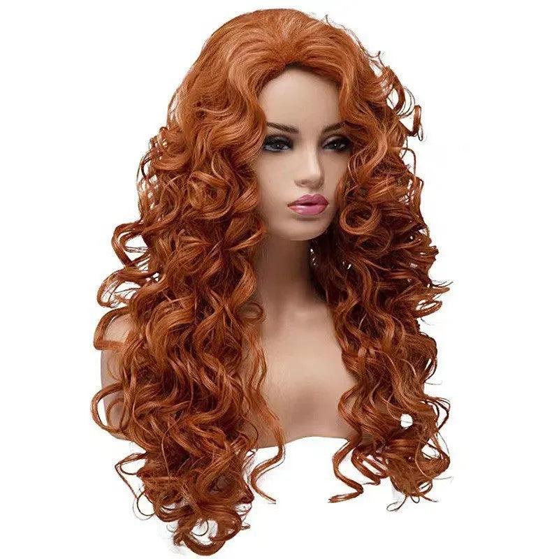 Brown long wavy curly synthetic wig with instant noodles texture and red net head cover