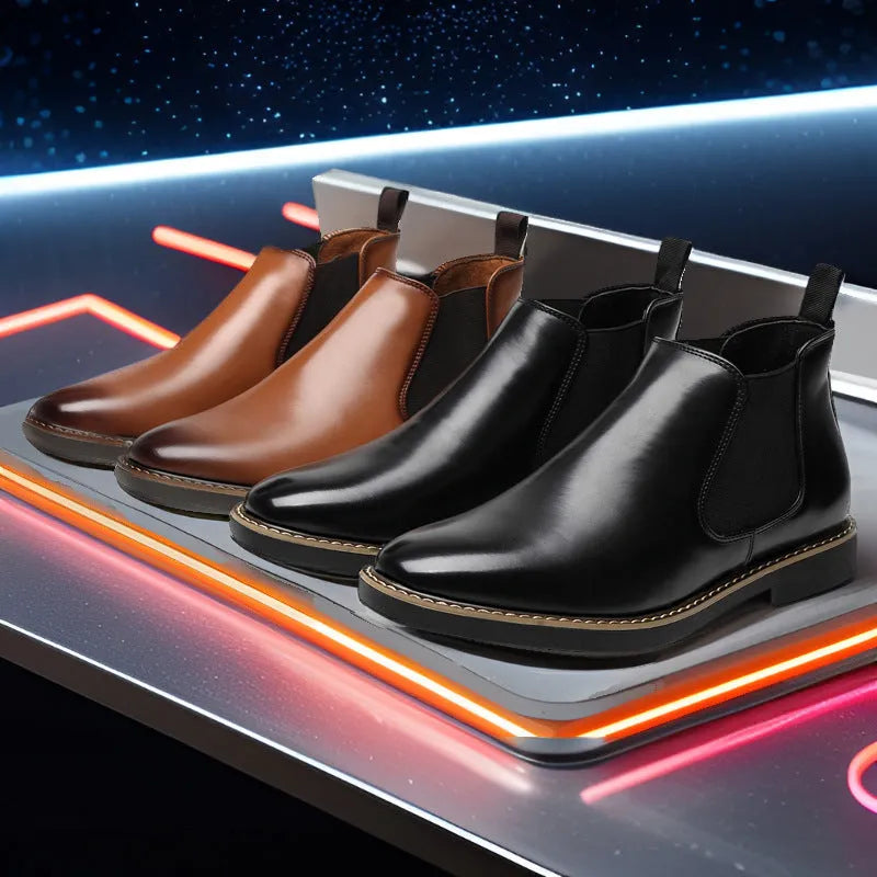 British style men's mid-calf boots in black with a flat square heel and leather toe holder.