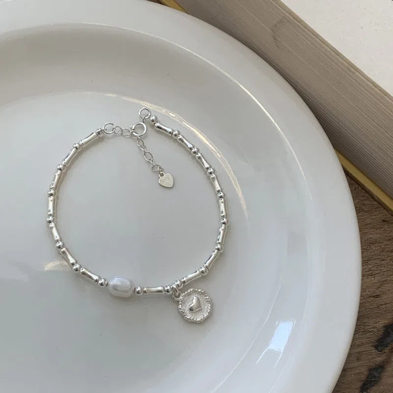 925 sterling silver heart bracelet for women with French retro bamboo joint design in silver colour