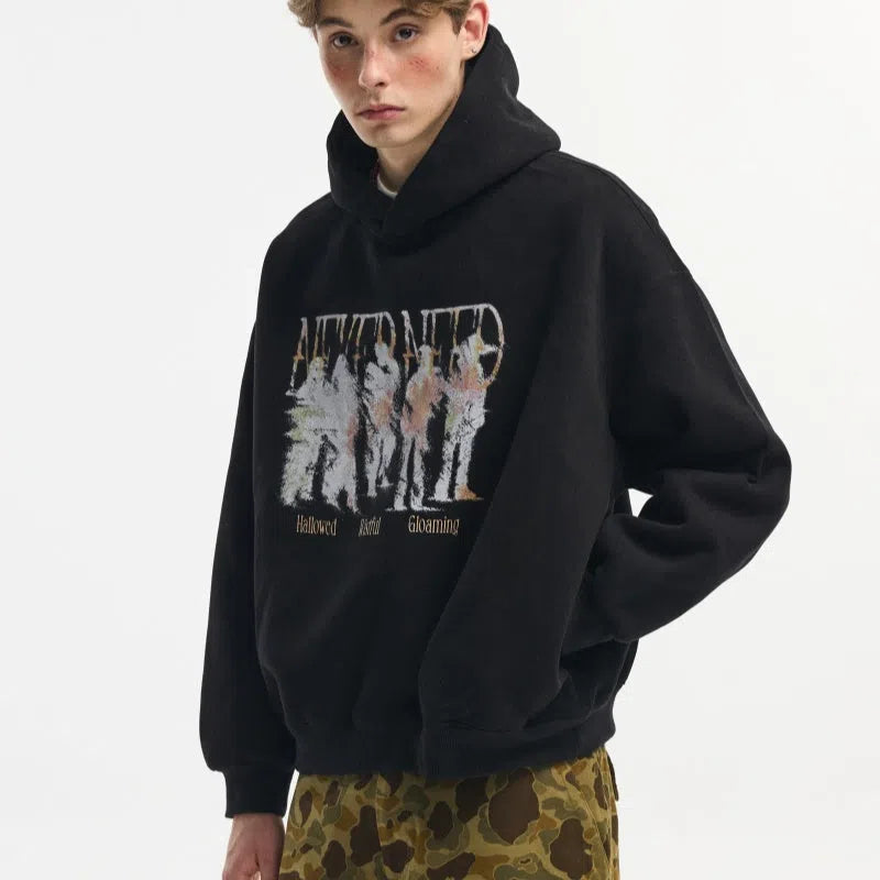 Men's blurred portrait print cotton hooded sweatshirt in loose fit pullover style, black colour