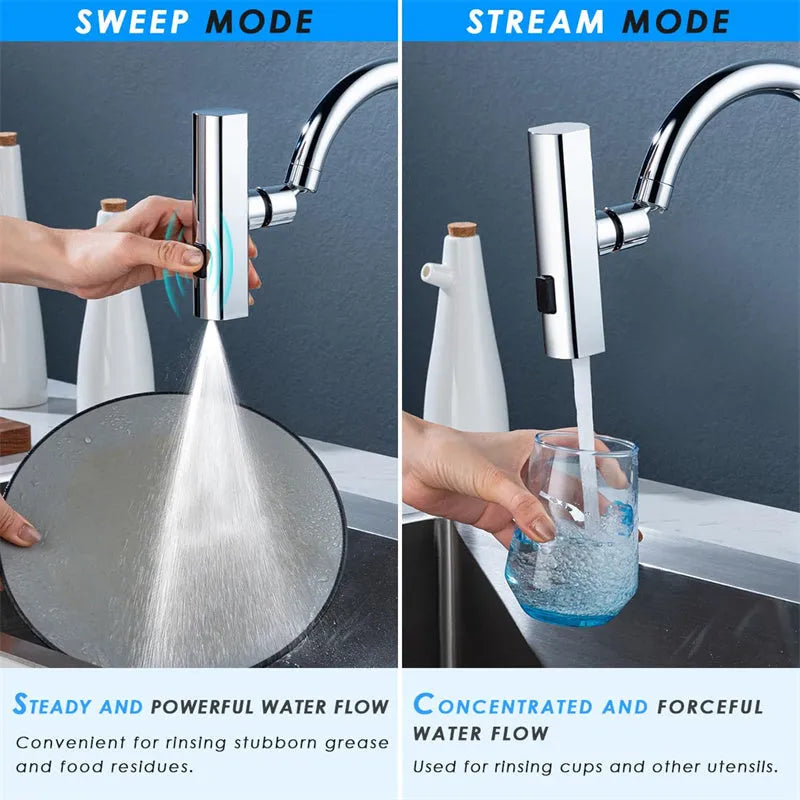 Brushed nickel kitchen faucet connector with pull-down sprayer, showing waterfall water flow mode.