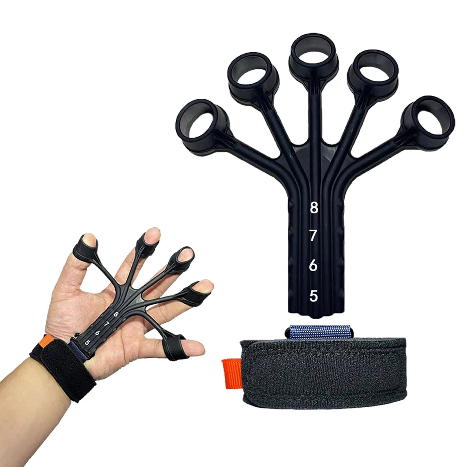 Silicone finger rehabilitation trainer and abdominal tension set with adjustable belts in black or grey