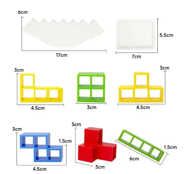 Plastic balance stacking game with coloured building blocks, chassis, and base on a table