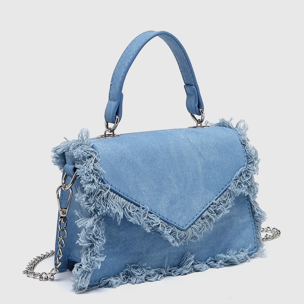 Retro tassel mini crossbody bag in denim blue, PU material, crossbody strap, compact size for women's daily use
