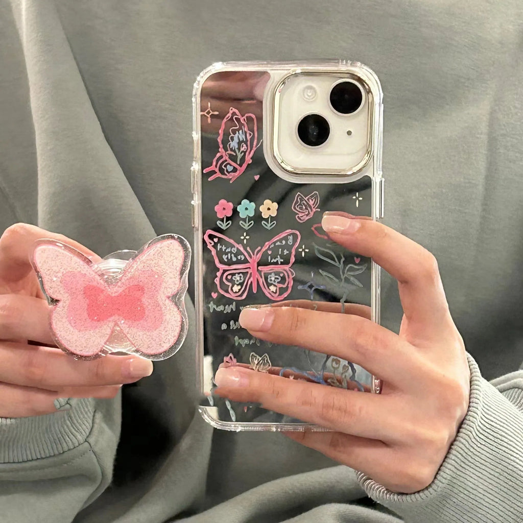 Mirror graffiti butterfly silicone phone case with bracket for iPhone 13