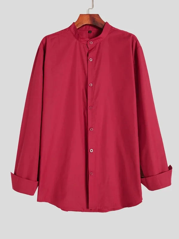 Red men's stand-up collar casual shirt with Chinese-style collar, shown in sizes S to XXXL