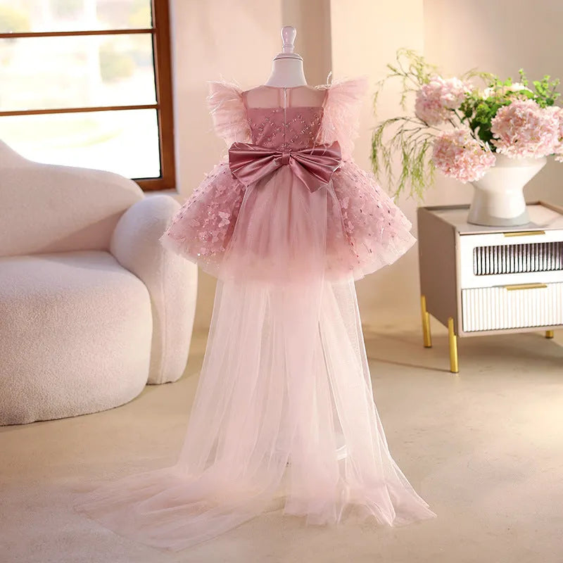 Girls bean pink princess dress with polyester fabric, suitable for heights 80-150cm
