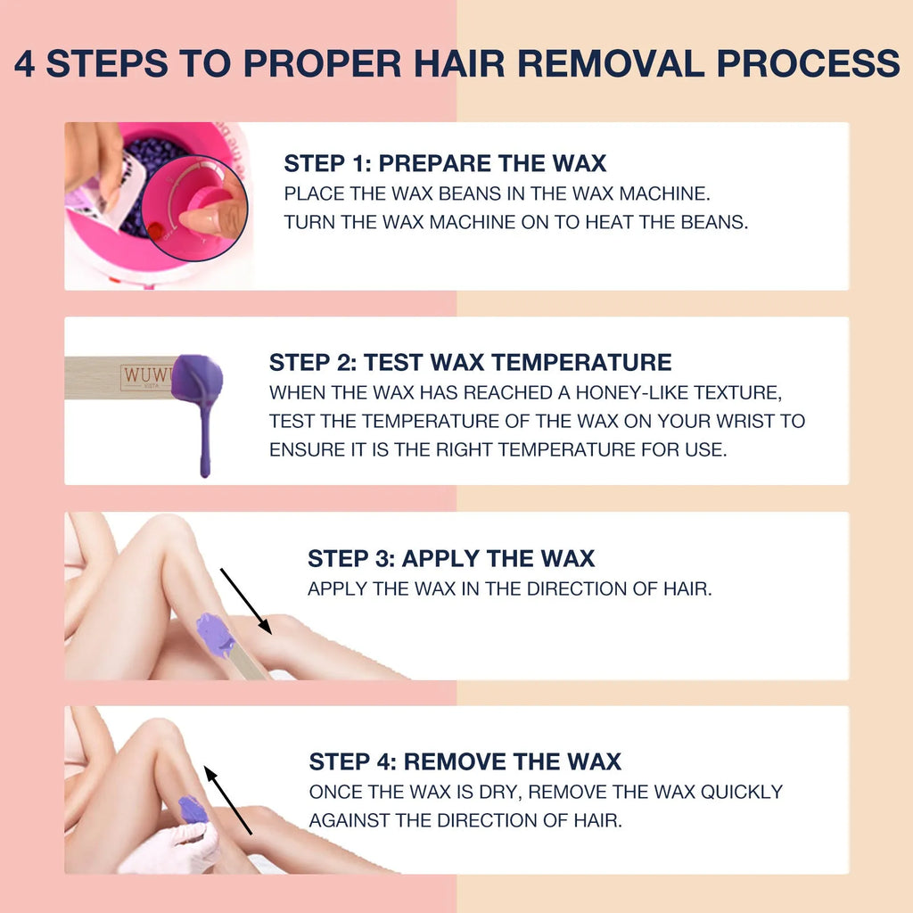 27-piece hair removal waxing kit showing wax heater, coloured wax beads, applicator sticks, and guidebook