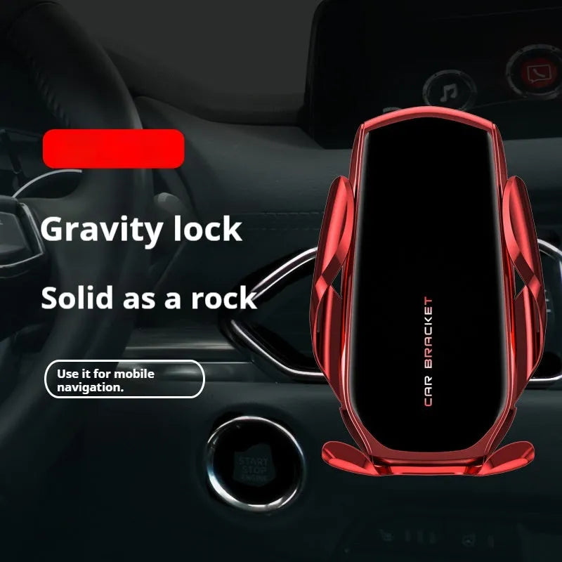 Car air outlet phone holder with wireless charging and electric clamping in black, red, or green