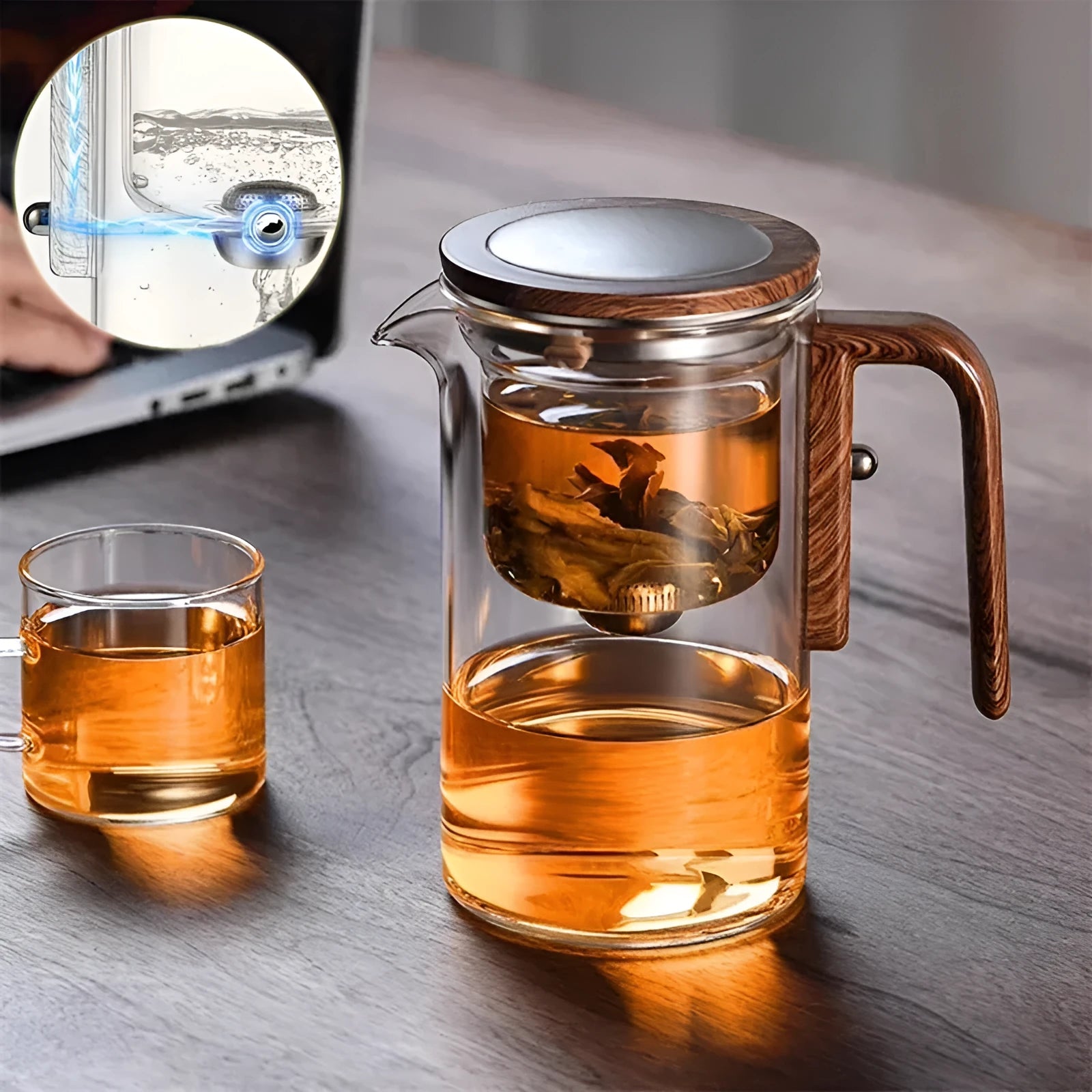 Glass tea pot with magnetic separation button, walnut wood handle, and Chinese style design