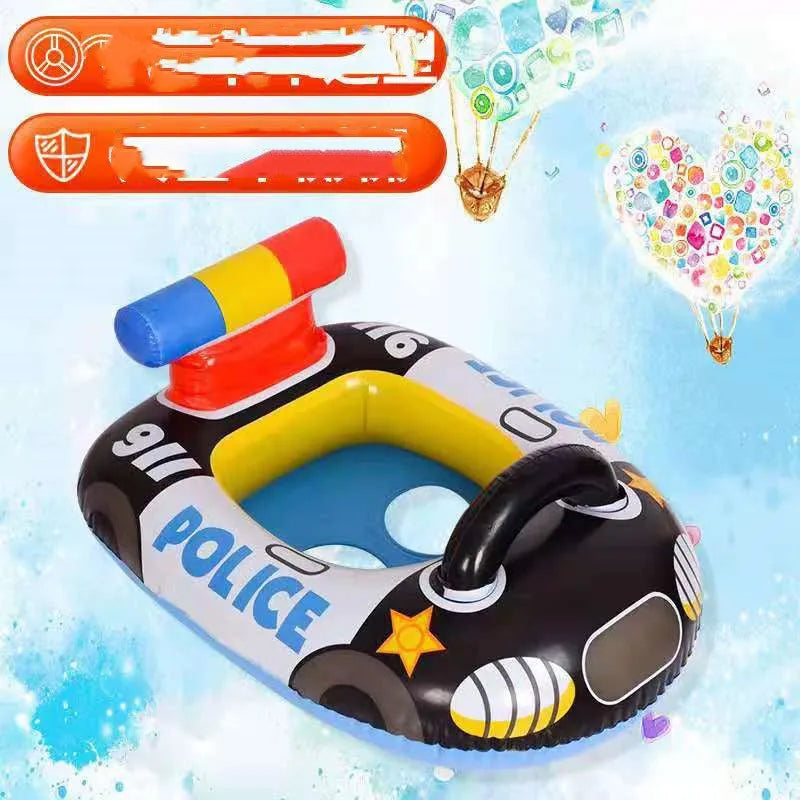 Black police car shaped children's inflatable swimming ring, PVC, 73 x 57.5 cm outer diameter, 30 x 33 cm inner diameter