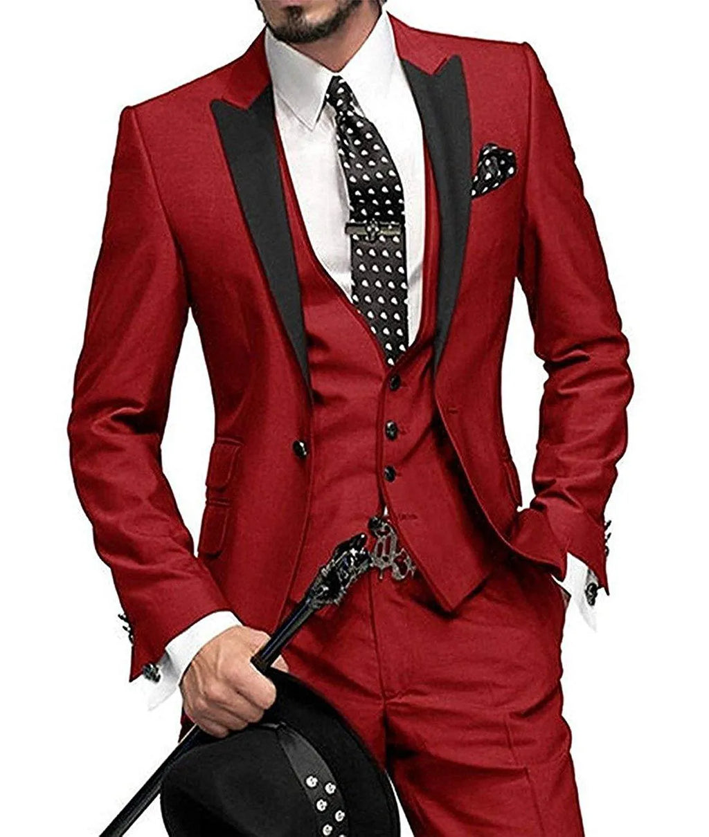 Men's three-piece slim fit wool serge suit in navy blue, shown as jacket, trousers, and waistcoat on a model