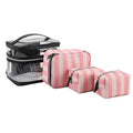 Pink bold stripe floral pattern buggy bag makeup kit with synthetic leather and waterproof lining