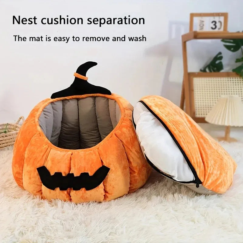 Halloween pumpkin design plush cat bed for cats and small dogs in orange colour.