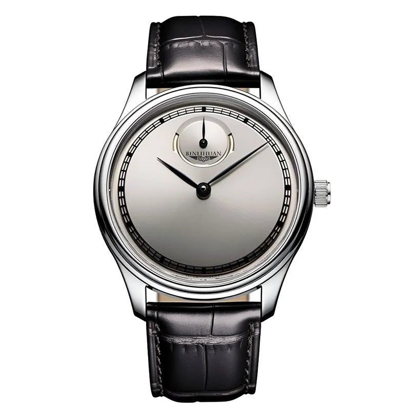 Men's belt style waterproof quartz watch with white dial and brown artificial leather strap on wrist