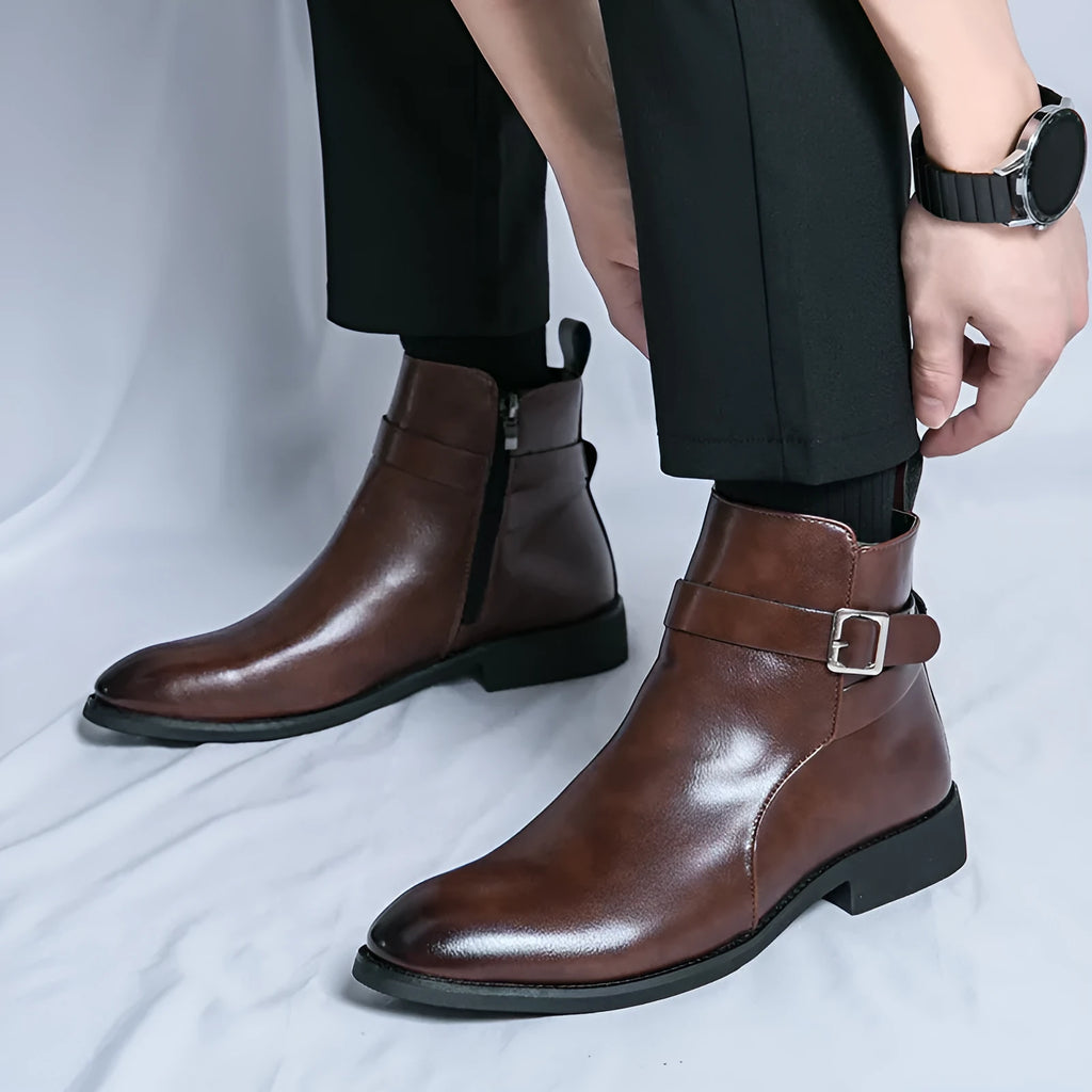 Men's high-top Western boots in black PU leather with tall crown and rubber sole