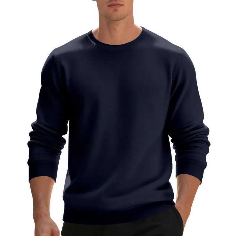 Men's fleece-lined crew neck sweater in black, loose fit, long sleeves, pullover style