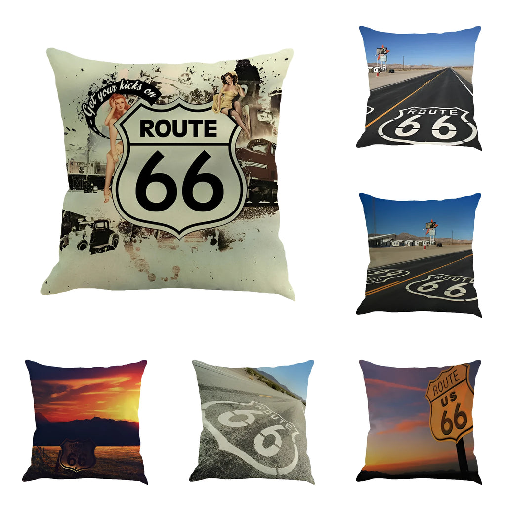 Route 66 landscape pattern linen cushion cover measuring 45cm square with cotton-linen blend material