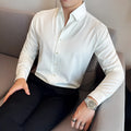 Men's slim-fit long-sleeved denim shirt in blue, black, or white.