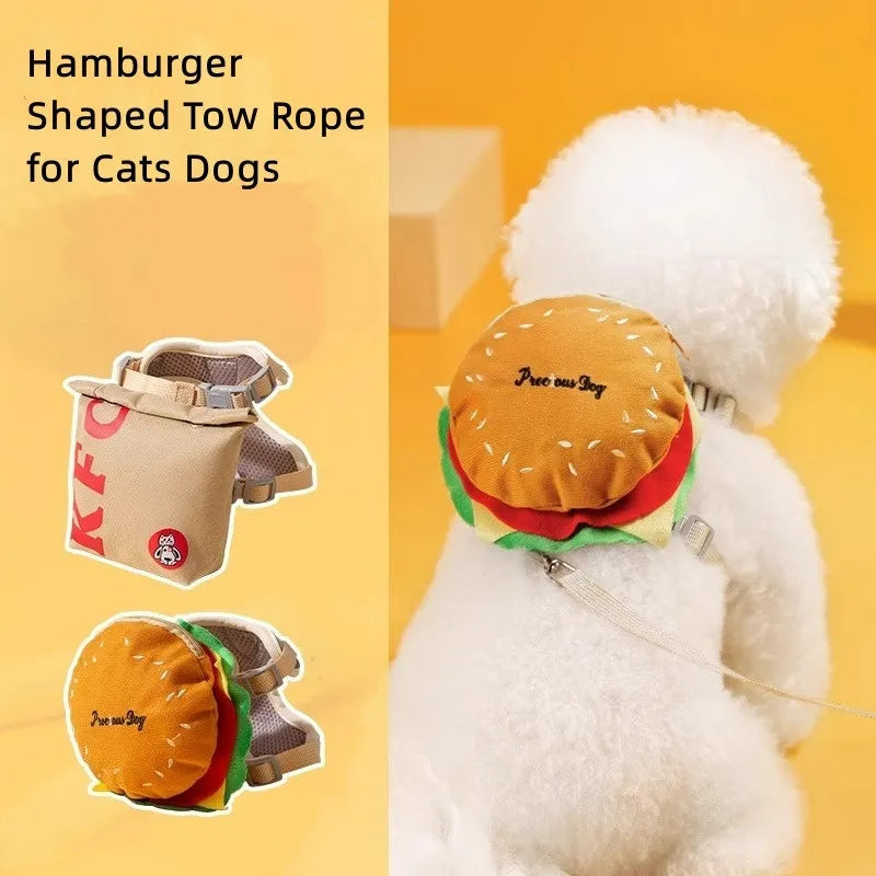 Cartoon hamburger chips design adjustable pet vest leash rope in escape-proof walking harness