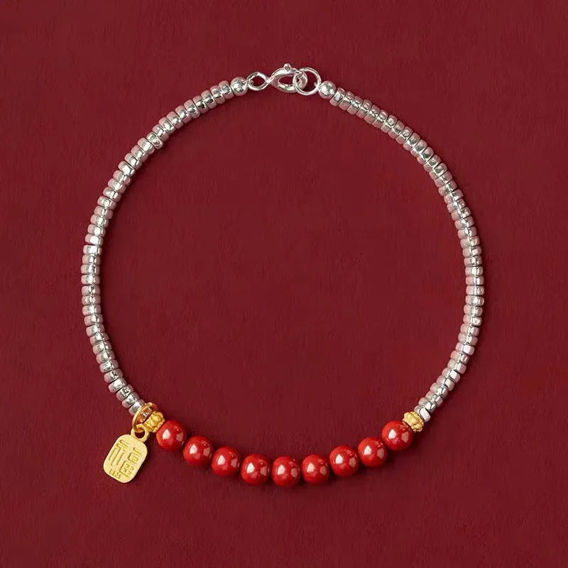 Silver couple bracelet with geometric round beads on copper with gold plating, 16cm length
