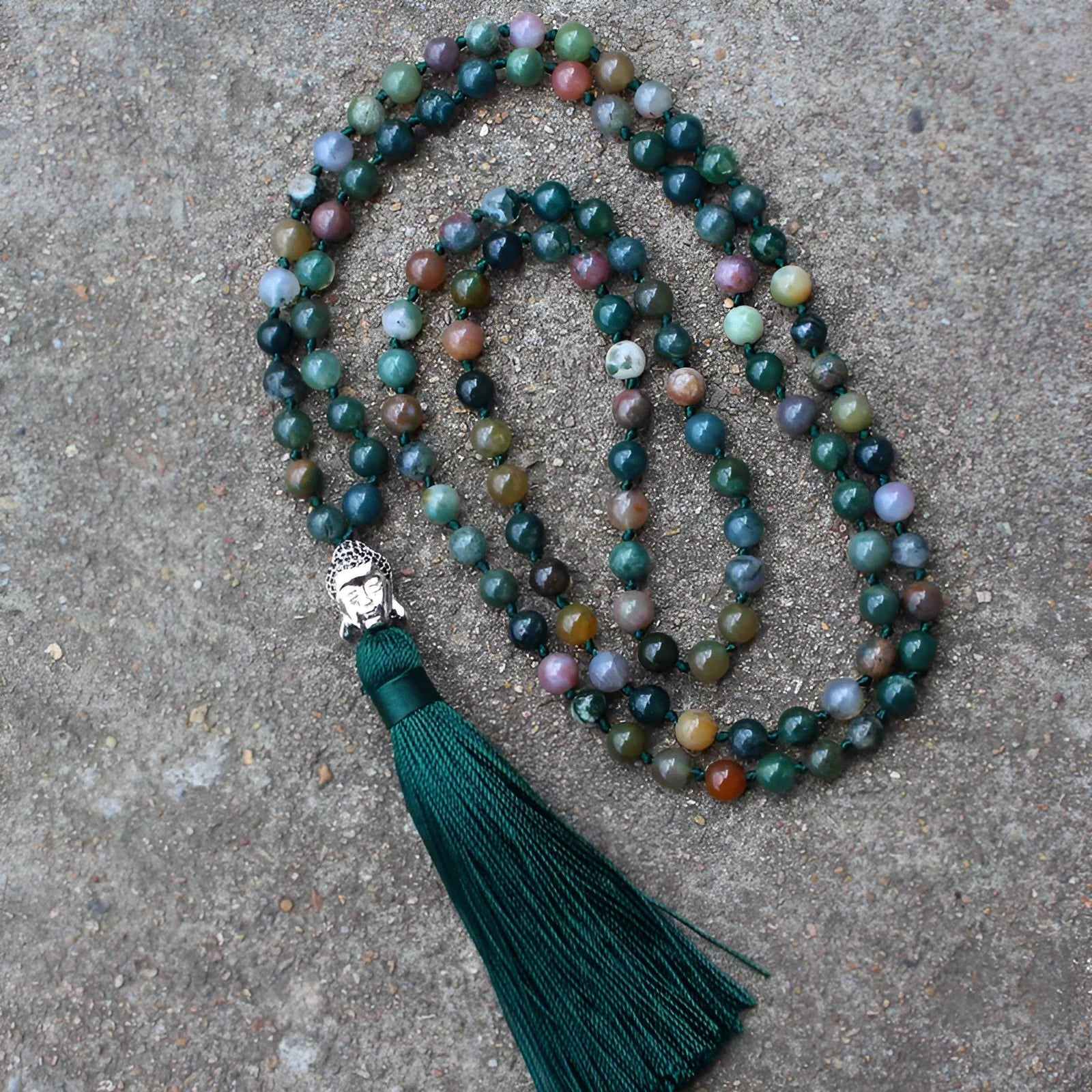 Indian agate bracelet with 108 geometrically shaped 6mm beads on wrist