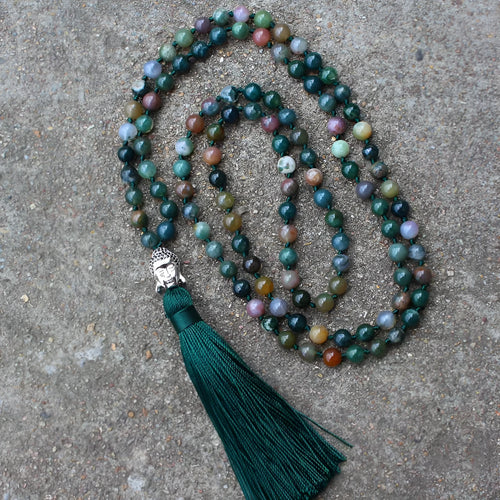 Indian agate bracelet with 108 geometrically shaped 6mm beads on wrist