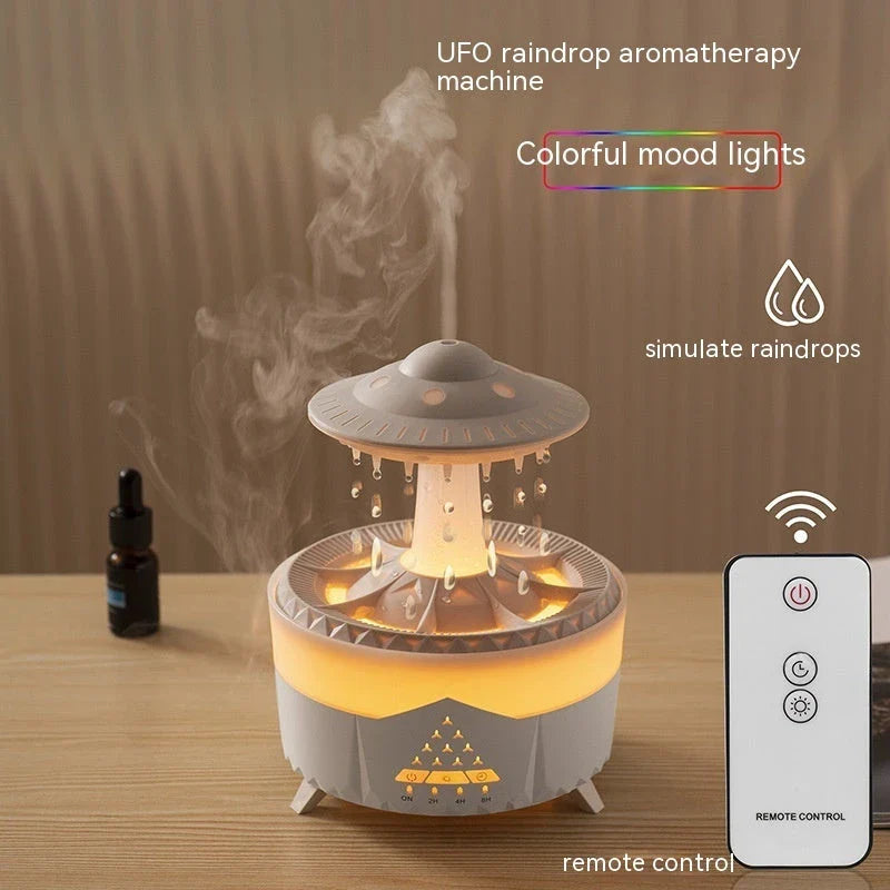 Relaxing rain cloud humidifier with essential oil diffuser, soothing rain sound, and customizable LED lights for a tranquil home environment