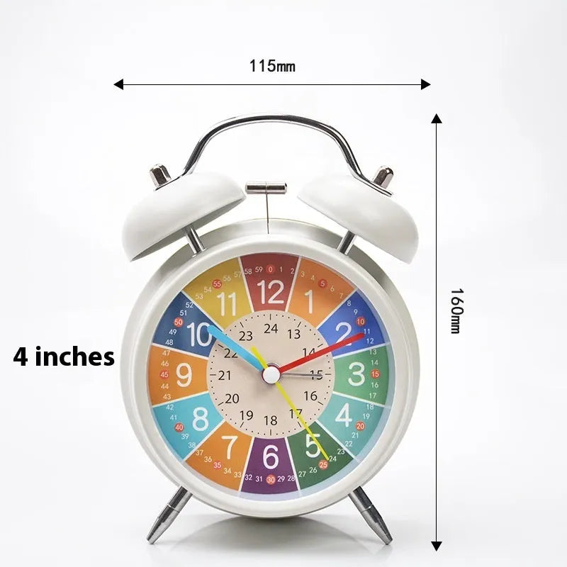 White children's alarm clock with LCD pointer and number display, night light button, and cartoon style design