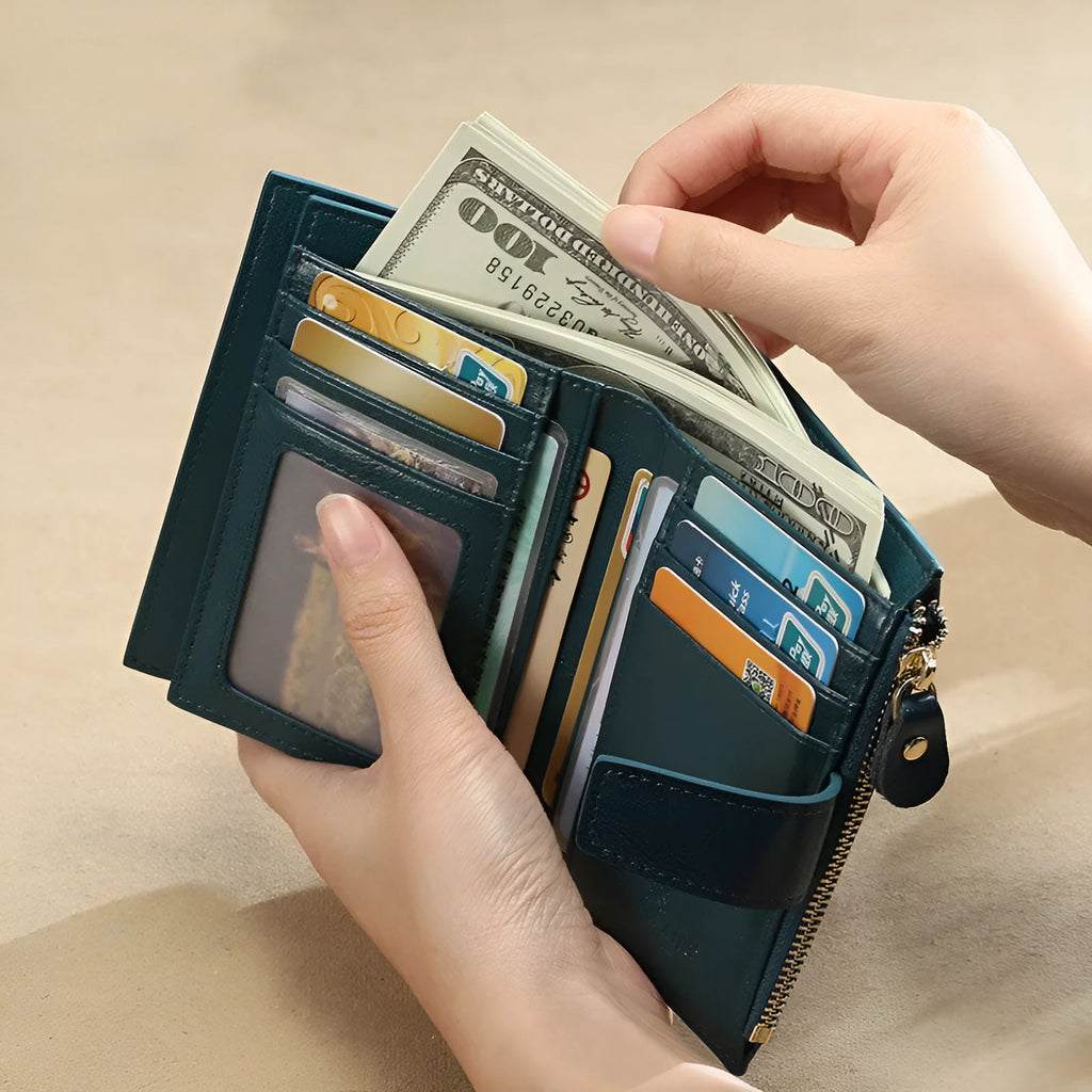 Blue genuine leather anti-theft card swiping coin purse with sewing thread detailing and zipper hasp