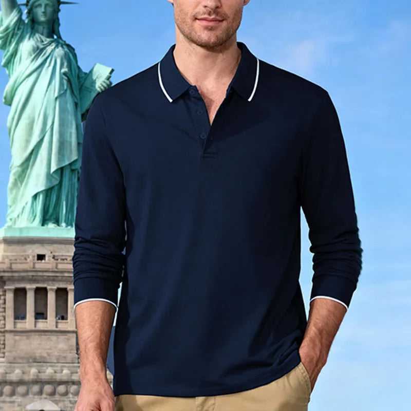 Men's long sleeve jacquard polo shirt, loose fit, solid colour, quick-dry polyester