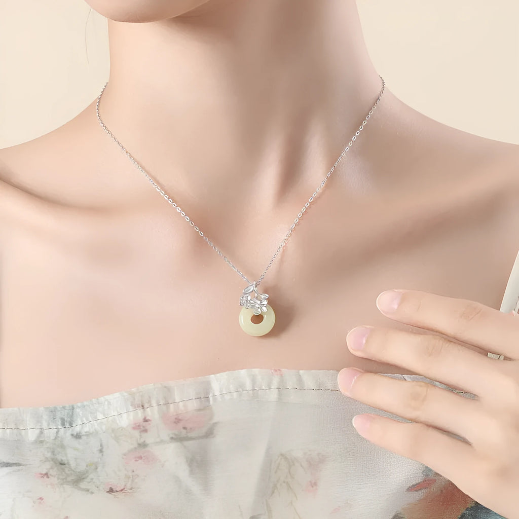 Silver necklace with Hetian jade safety buckle pendant on cross chain, adjustable 41-50cm