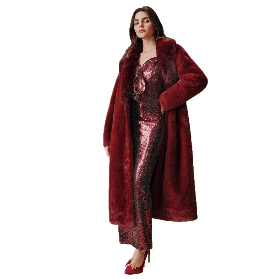 Women's long faux fur coat in camel colour with 100cm length and regular sleeves