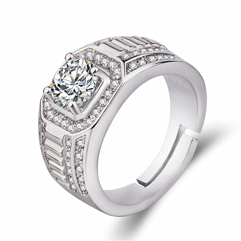 Men's large square diamond ring in copper with adjustable opening, shown in gold and platinum colours.