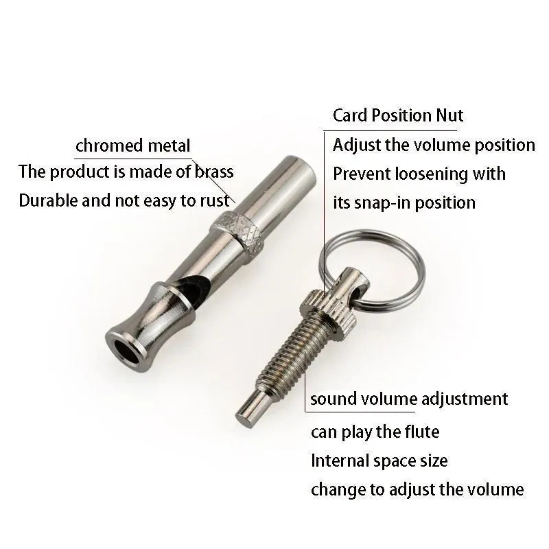 Metallic adjustable ultrasonic dog training whistle with brass electroplated nickel construction