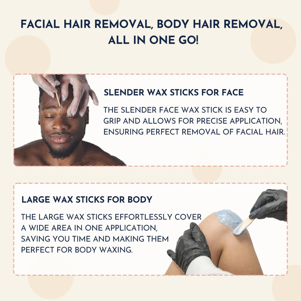 27-piece hair removal waxing kit showing wax heater, coloured wax beads, applicator sticks, and guidebook