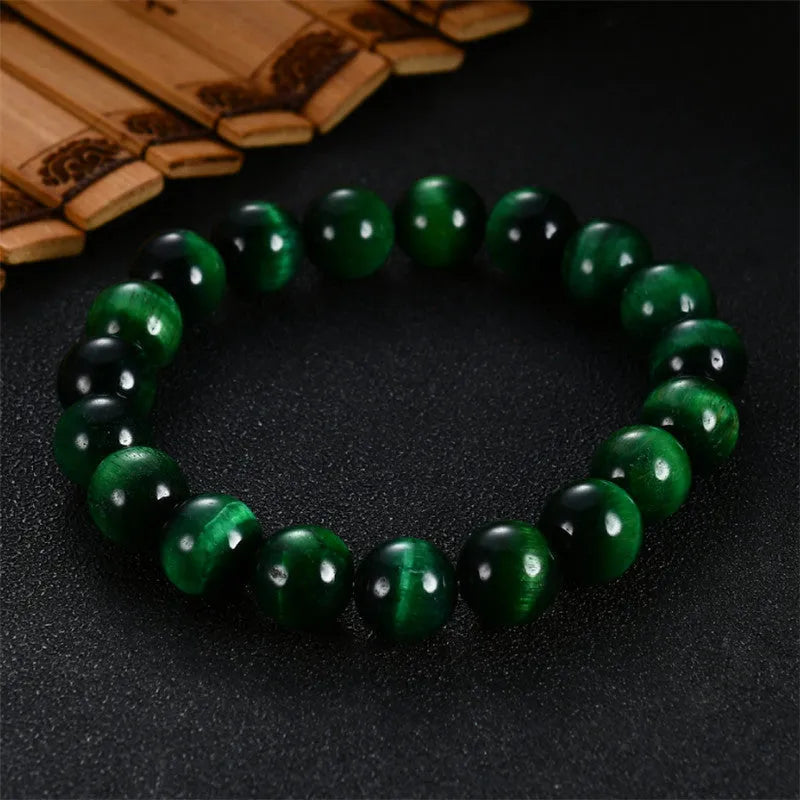 Green tiger eye stone bracelet with geometric polished beads in various size options