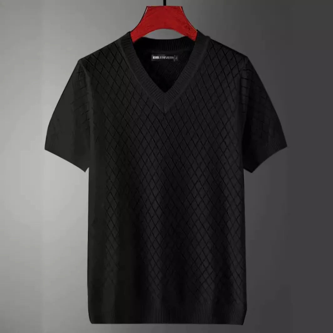 Men's ice silk cut-out V-neck T-shirt in Korean style with short sleeves for summer leisure wear