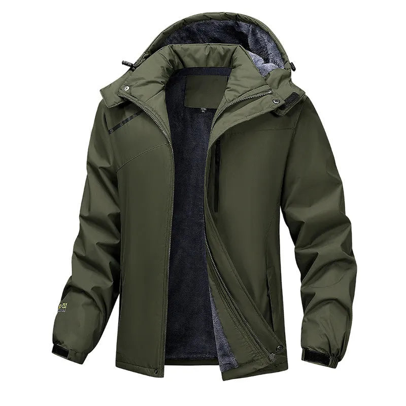 Men's waterproof loose fit hooded coat in plus sizes with army green, black, dark grey, and white colour options