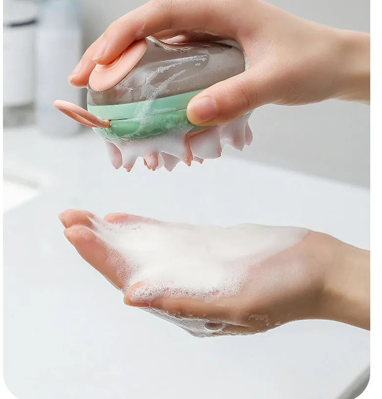 Blue and green 2-in-1 pet grooming brush with shampoo dispenser and silicone bristles